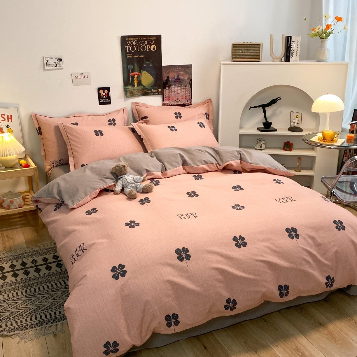 91家纺网 家纺一手货源 找家纺 金爱家 2021新款纯棉磨毛小清新四件套 情人草-粉