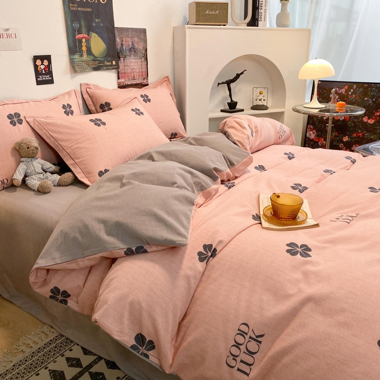 91家纺网 家纺一手货源 找家纺 金爱家 2021新款纯棉磨毛小清新四件套 情人草-粉