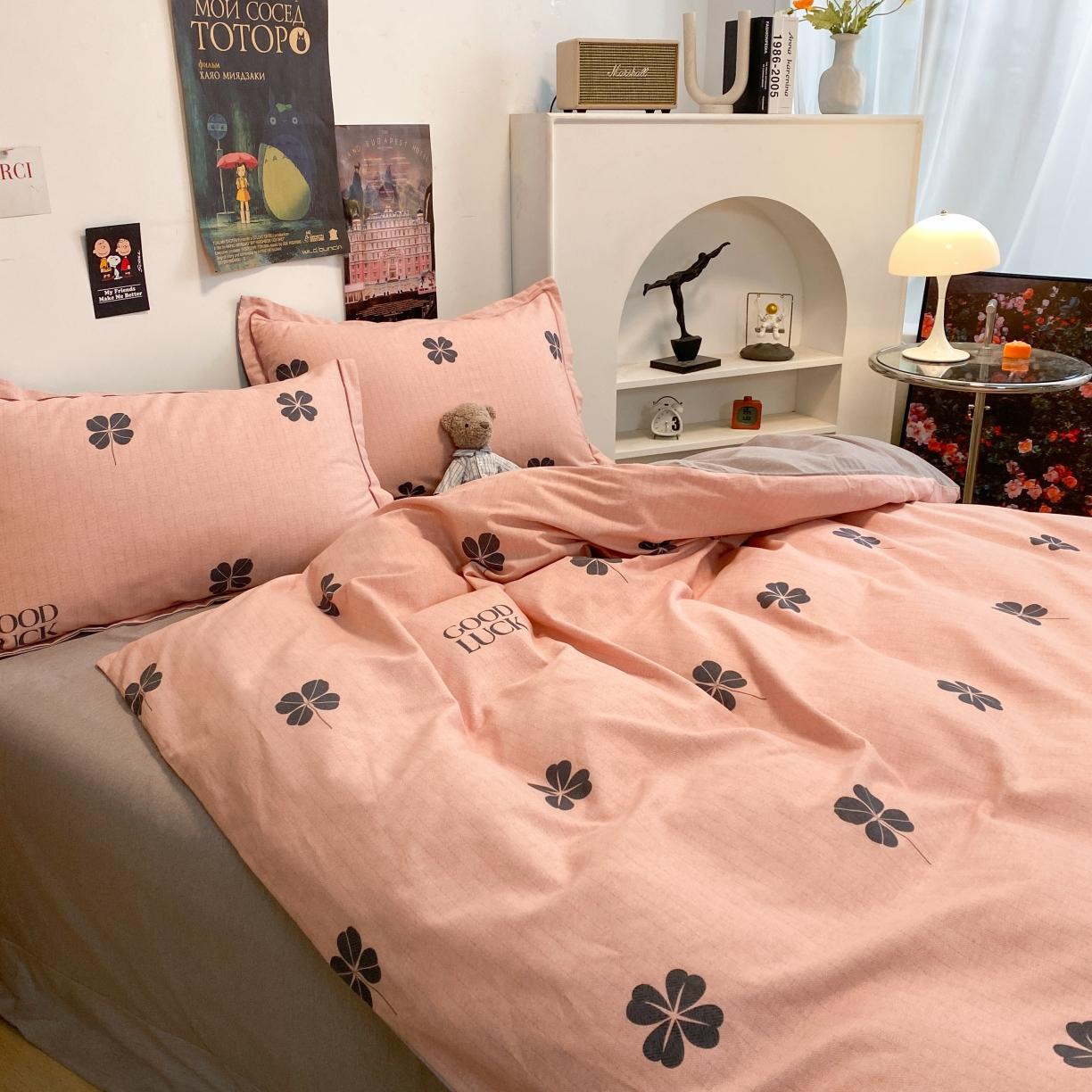 91家纺网 家纺一手货源 找家纺 金爱家 2021新款纯棉磨毛小清新四件套 情人草-粉