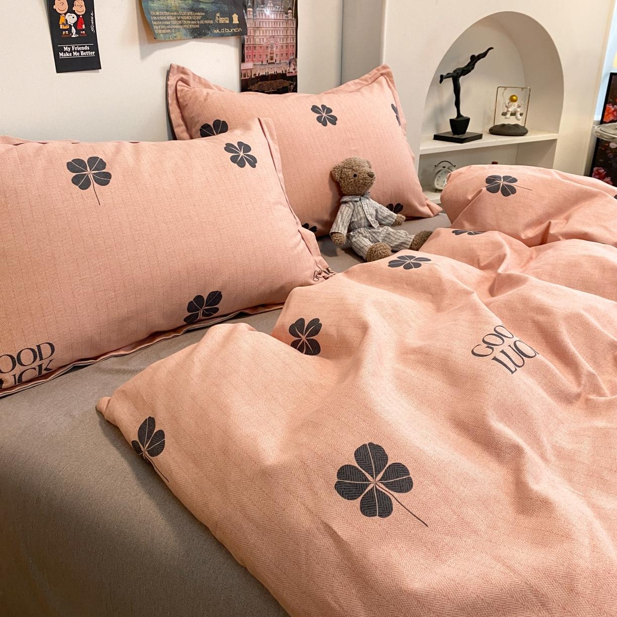 91家纺网 家纺一手货源 找家纺 金爱家 2021新款纯棉磨毛小清新四件套 情人草-粉