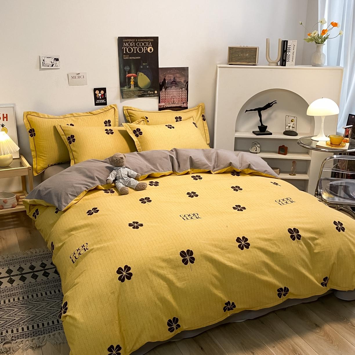 91家纺网 家纺一手货源 找家纺 金爱家 2021新款纯棉磨毛小清新四件套 情人草-黄