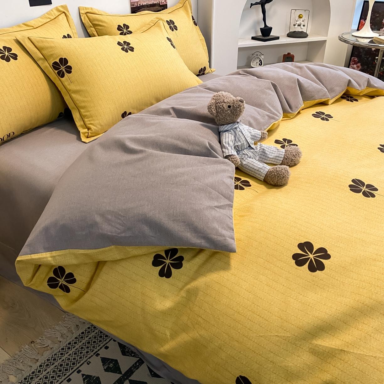 91家纺网 家纺一手货源 找家纺 金爱家 2021新款纯棉磨毛小清新四件套 情人草-黄