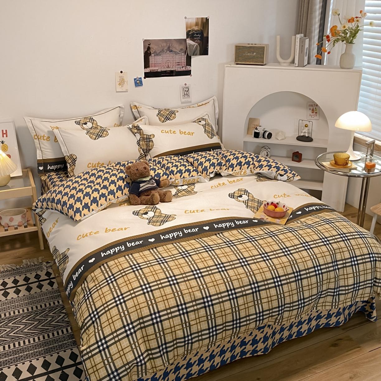 91家纺网 家纺一手货源 找家纺 金爱家 2021新款纯棉磨毛小清新四件套 小熊世界