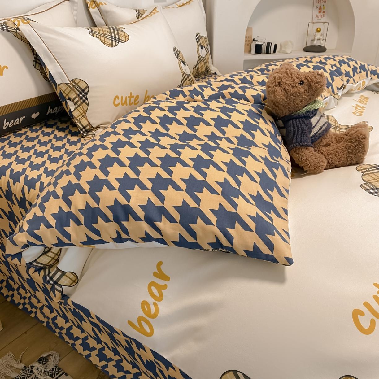 91家纺网 家纺一手货源 找家纺 金爱家 2021新款纯棉磨毛小清新四件套 小熊世界