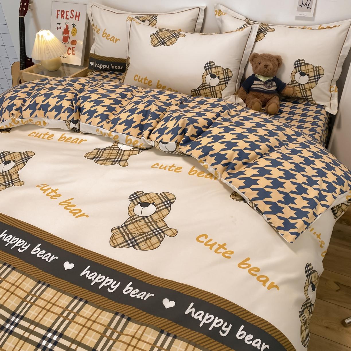 91家纺网 家纺一手货源 找家纺 金爱家 2021新款纯棉磨毛小清新四件套 小熊世界