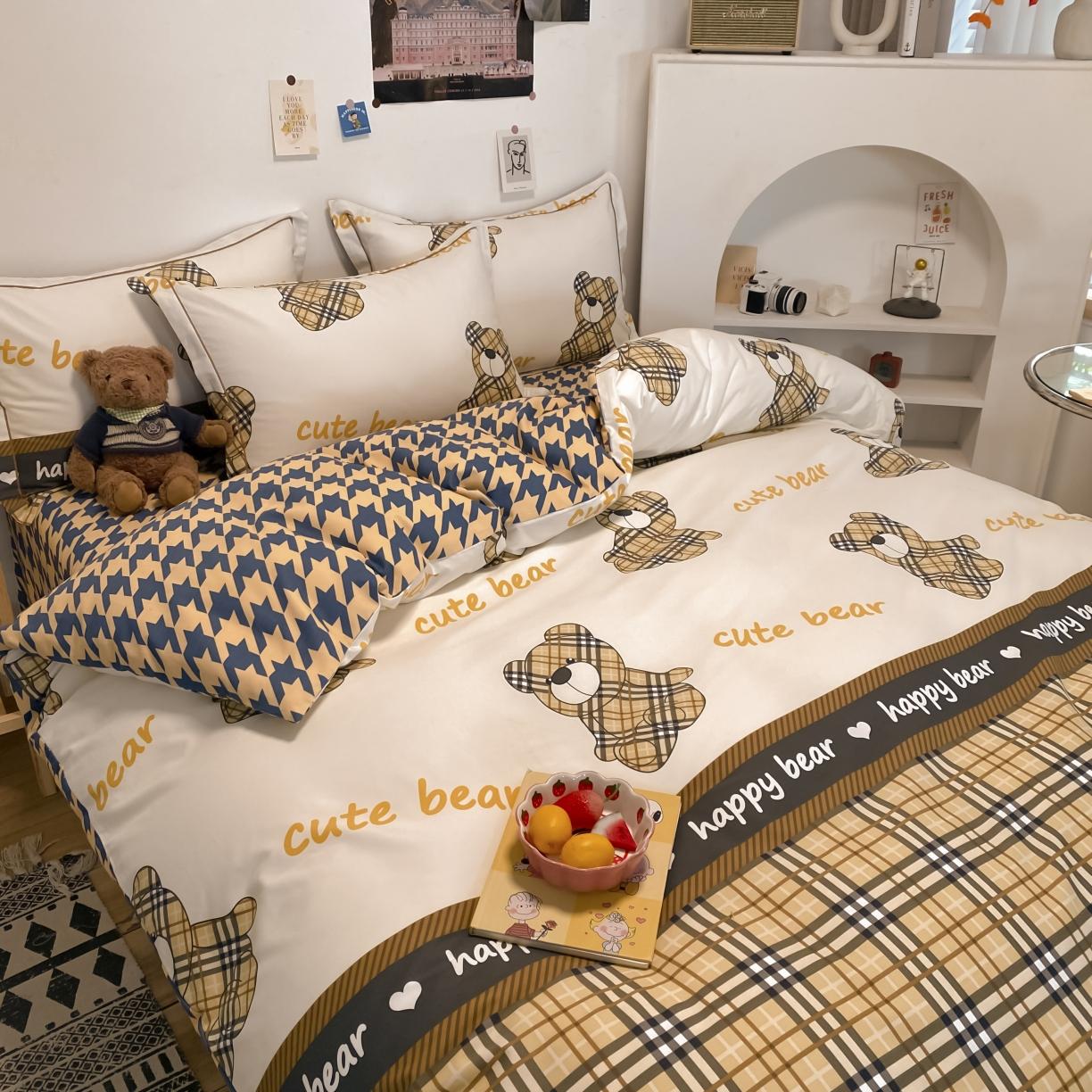 91家纺网 家纺一手货源 找家纺 金爱家 2021新款纯棉磨毛小清新四件套 小熊世界