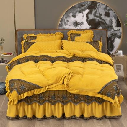 91家纺网 家纺一手货源 找家纺 （总）木兰花 220克保暖加厚牛奶绒蕾丝刺绣夹棉床裙款四件套