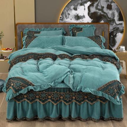 （总）木兰花 220克保暖加厚牛奶绒蕾丝刺绣夹棉床裙款四件套