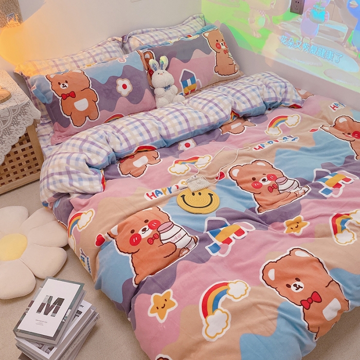 91家纺网 家纺一手货源 找家纺 沐棉家纺2021新款卡通牛奶绒四件套 彩虹熊