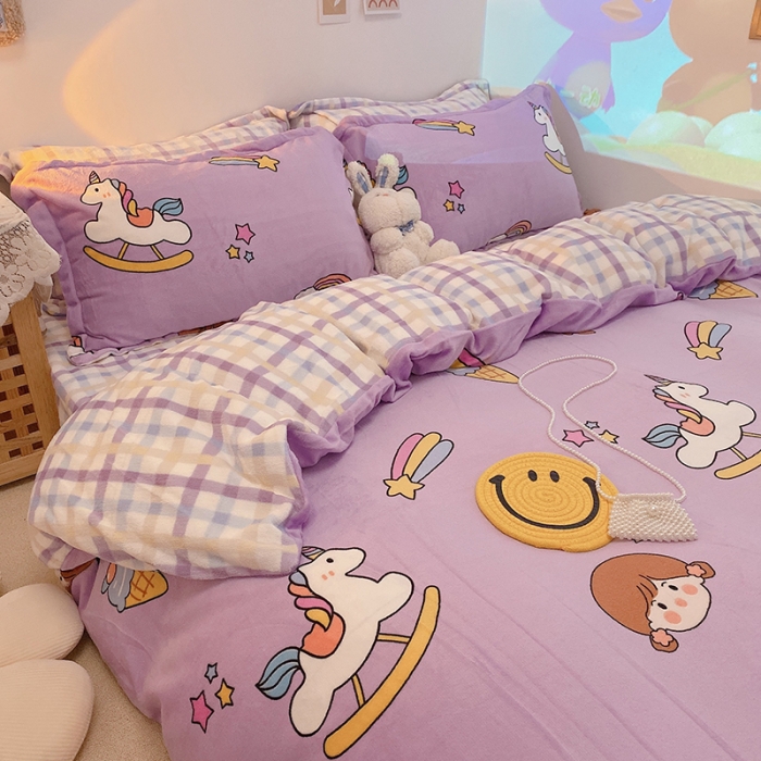 91家纺网 家纺一手货源 找家纺 沐棉家纺2021新款卡通牛奶绒四件套 快乐女孩