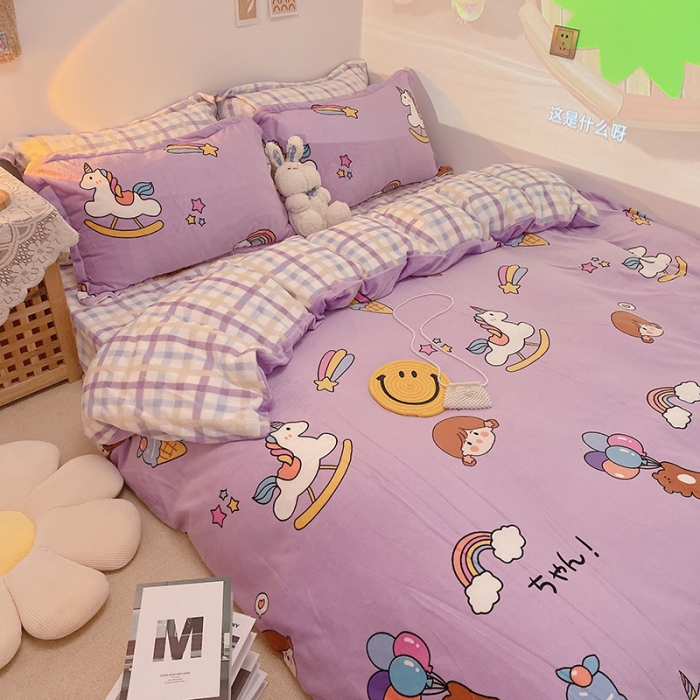 91家纺网 家纺一手货源 找家纺 沐棉家纺2021新款卡通牛奶绒四件套 快乐女孩