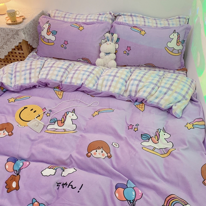 91家纺网 家纺一手货源 找家纺 沐棉家纺2021新款卡通牛奶绒四件套 快乐女孩