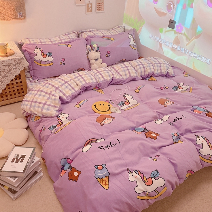 91家纺网 家纺一手货源 找家纺 沐棉家纺2021新款卡通牛奶绒四件套 快乐女孩