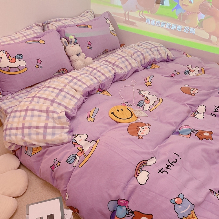 91家纺网 家纺一手货源 找家纺 沐棉家纺2021新款卡通牛奶绒四件套 快乐女孩