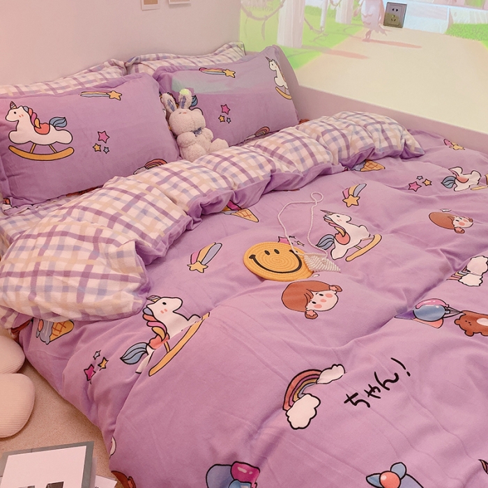 91家纺网 家纺一手货源 找家纺 沐棉家纺2021新款卡通牛奶绒四件套 快乐女孩