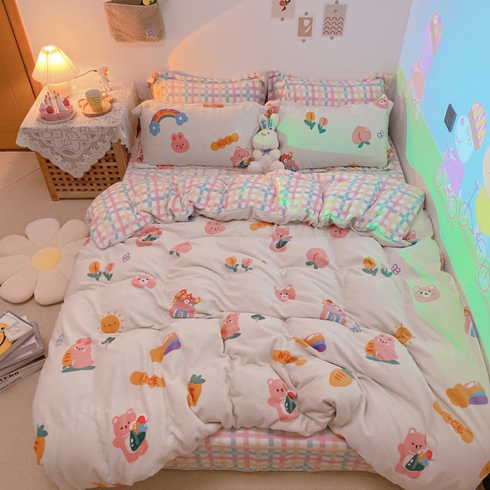 91家纺网 家纺一手货源 找家纺 沐棉家纺2021新款卡通牛奶绒四件套 萝卜兔