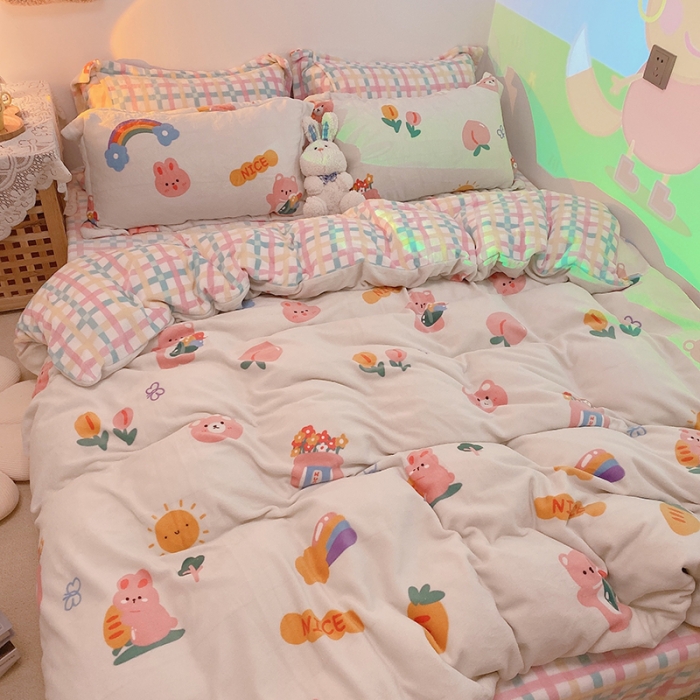 91家纺网 家纺一手货源 找家纺 沐棉家纺2021新款卡通牛奶绒四件套 萝卜兔