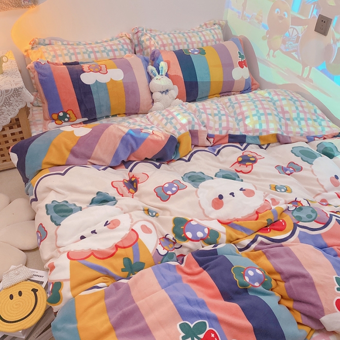 91家纺网 家纺一手货源 找家纺 沐棉家纺2021新款卡通牛奶绒四件套 彩虹兔