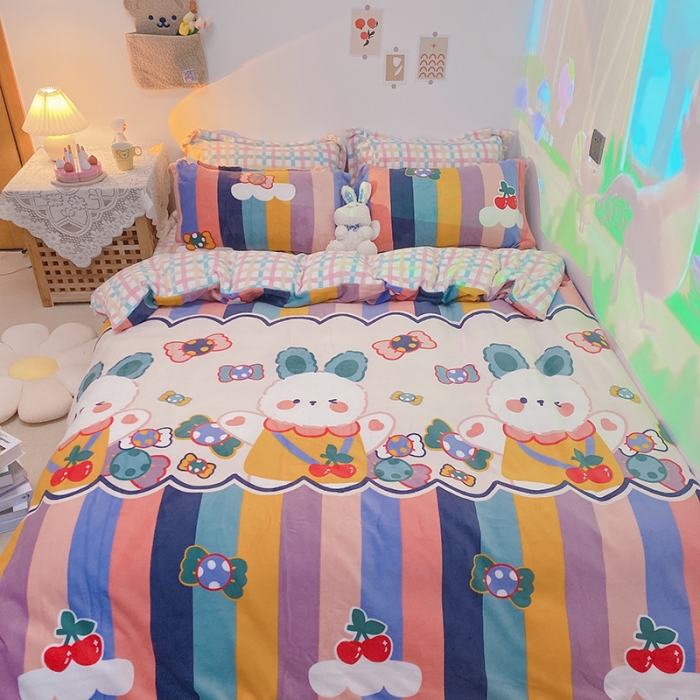 91家纺网 家纺一手货源 找家纺 沐棉家纺2021新款卡通牛奶绒四件套 彩虹兔