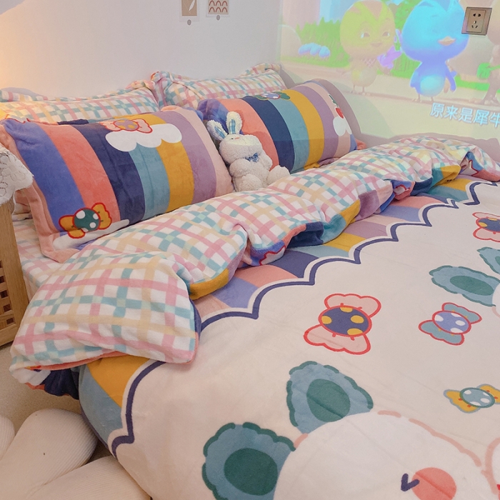 91家纺网 家纺一手货源 找家纺 沐棉家纺2021新款卡通牛奶绒四件套 彩虹兔