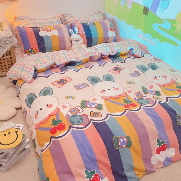 91家纺网 家纺一手货源 找家纺 沐棉家纺2021新款卡通牛奶绒四件套 彩虹兔