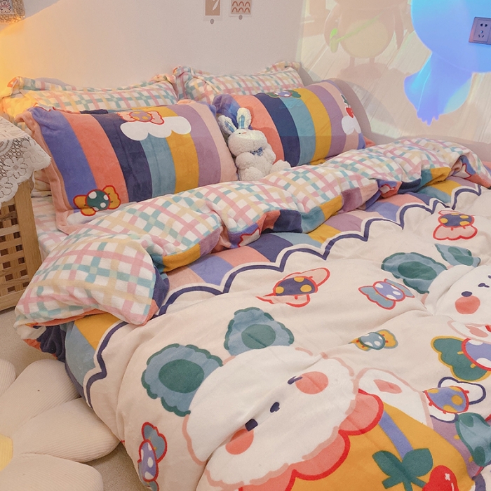 91家纺网 家纺一手货源 找家纺 沐棉家纺2021新款卡通牛奶绒四件套 彩虹兔