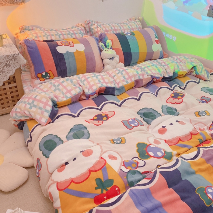 91家纺网 家纺一手货源 找家纺 沐棉家纺2021新款卡通牛奶绒四件套 彩虹兔