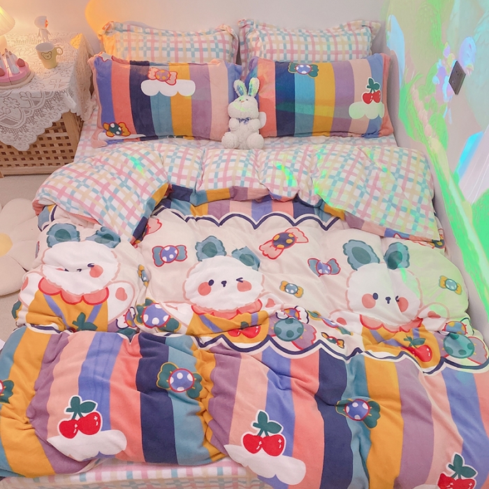 91家纺网 家纺一手货源 找家纺 沐棉家纺2021新款卡通牛奶绒四件套 彩虹兔