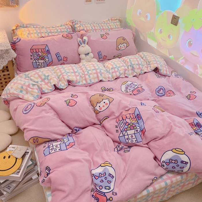 91家纺网 家纺一手货源 找家纺 沐棉家纺2021新款卡通牛奶绒四件套 糖果女孩