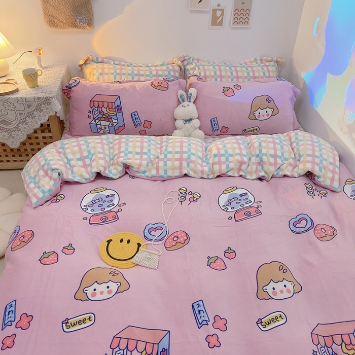 91家纺网 家纺一手货源 找家纺 沐棉家纺2021新款卡通牛奶绒四件套 糖果女孩