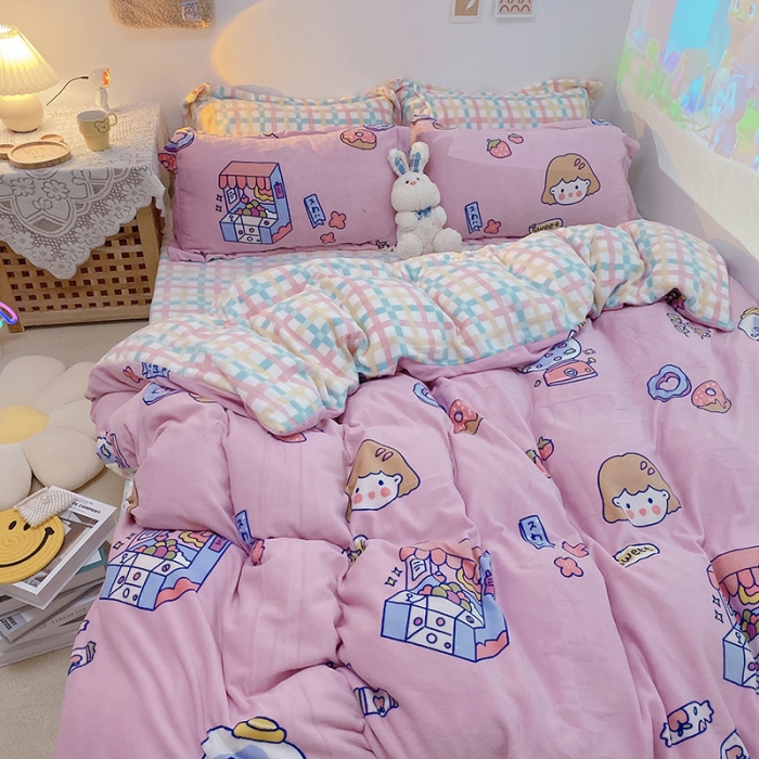 91家纺网 家纺一手货源 找家纺 沐棉家纺2021新款卡通牛奶绒四件套 糖果女孩