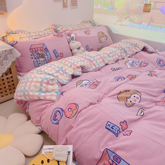 91家纺网 家纺一手货源 找家纺 沐棉家纺2021新款卡通牛奶绒四件套 糖果女孩