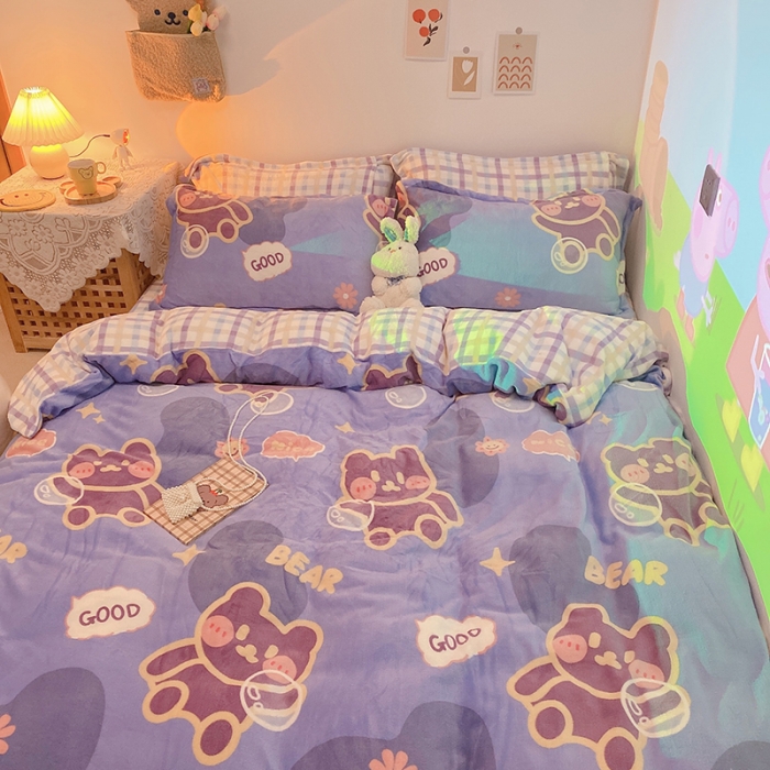 91家纺网 家纺一手货源 找家纺 沐棉家纺2021新款卡通牛奶绒四件套 顽皮熊