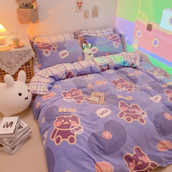 91家纺网 家纺一手货源 找家纺 沐棉家纺2021新款卡通牛奶绒四件套 顽皮熊