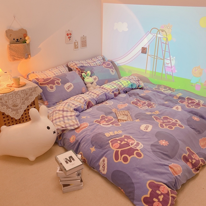 91家纺网 家纺一手货源 找家纺 沐棉家纺2021新款卡通牛奶绒四件套 顽皮熊