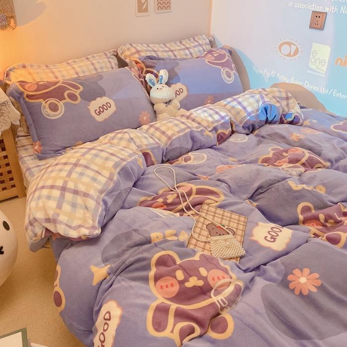 91家纺网 家纺一手货源 找家纺 沐棉家纺2021新款卡通牛奶绒四件套 顽皮熊