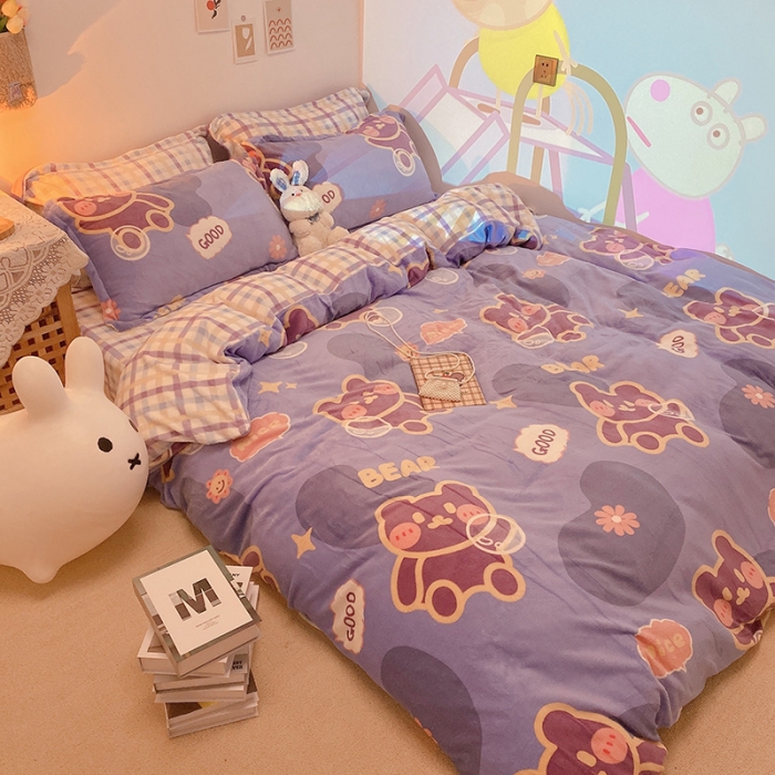 91家纺网 家纺一手货源 找家纺 沐棉家纺2021新款卡通牛奶绒四件套 顽皮熊