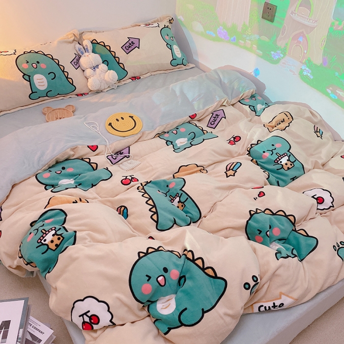 91家纺网 家纺一手货源 找家纺 沐棉家纺2021新款卡通牛奶绒四件套 小恐龙