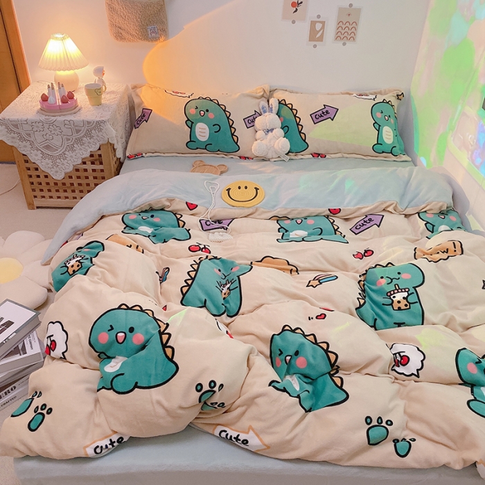 91家纺网 家纺一手货源 找家纺 沐棉家纺2021新款卡通牛奶绒四件套 小恐龙