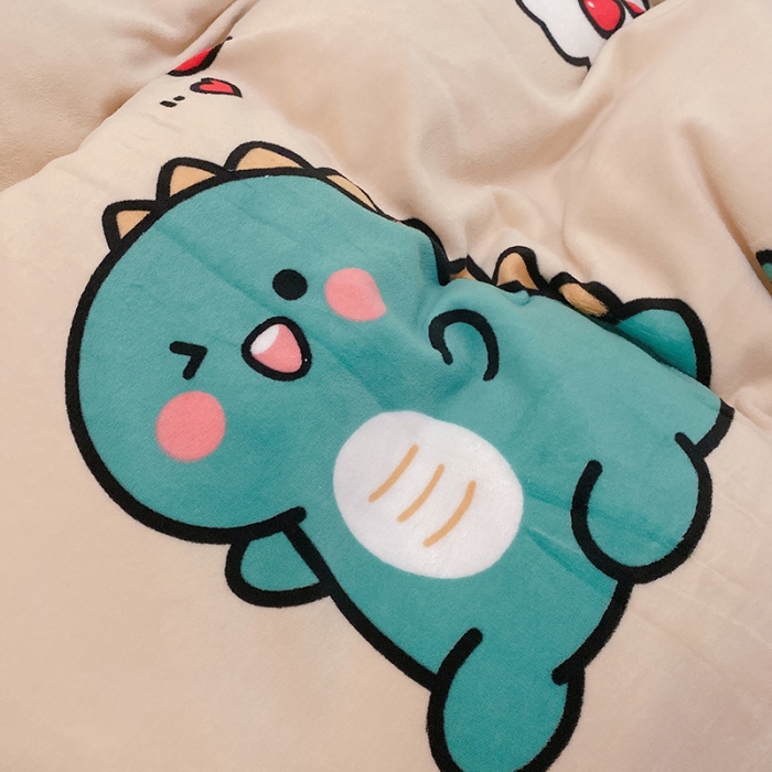 91家纺网 家纺一手货源 找家纺 沐棉家纺2021新款卡通牛奶绒四件套 小恐龙