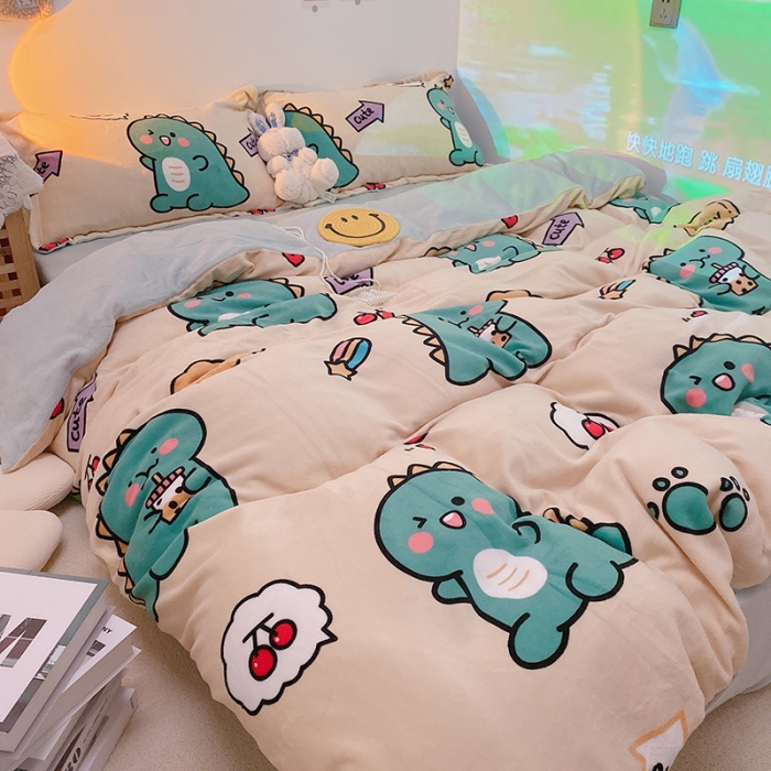 91家纺网 家纺一手货源 找家纺 沐棉家纺2021新款卡通牛奶绒四件套 小恐龙