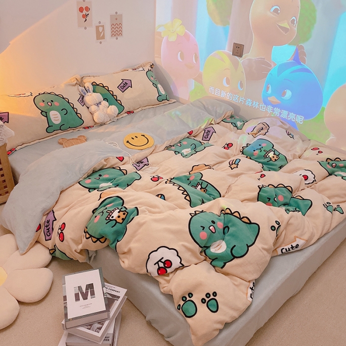 91家纺网 家纺一手货源 找家纺 沐棉家纺2021新款卡通牛奶绒四件套 小恐龙