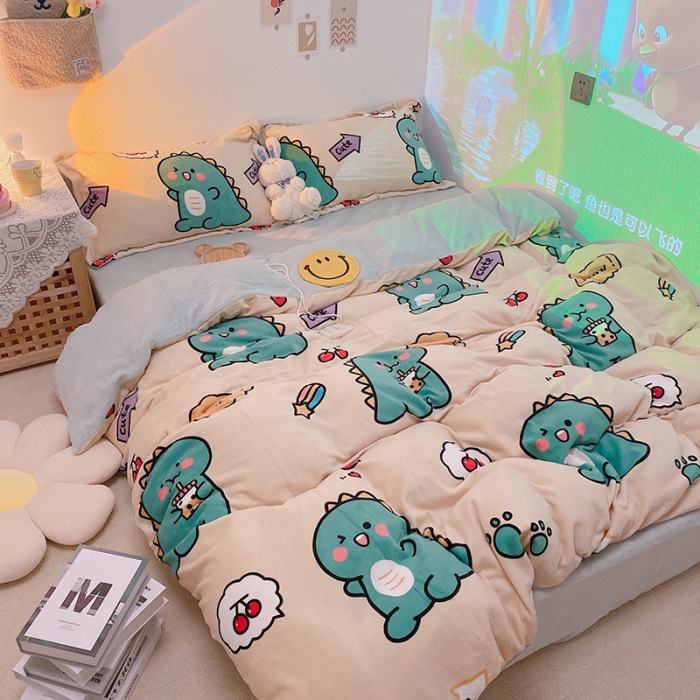 91家纺网 家纺一手货源 找家纺 沐棉家纺2021新款卡通牛奶绒四件套 小恐龙