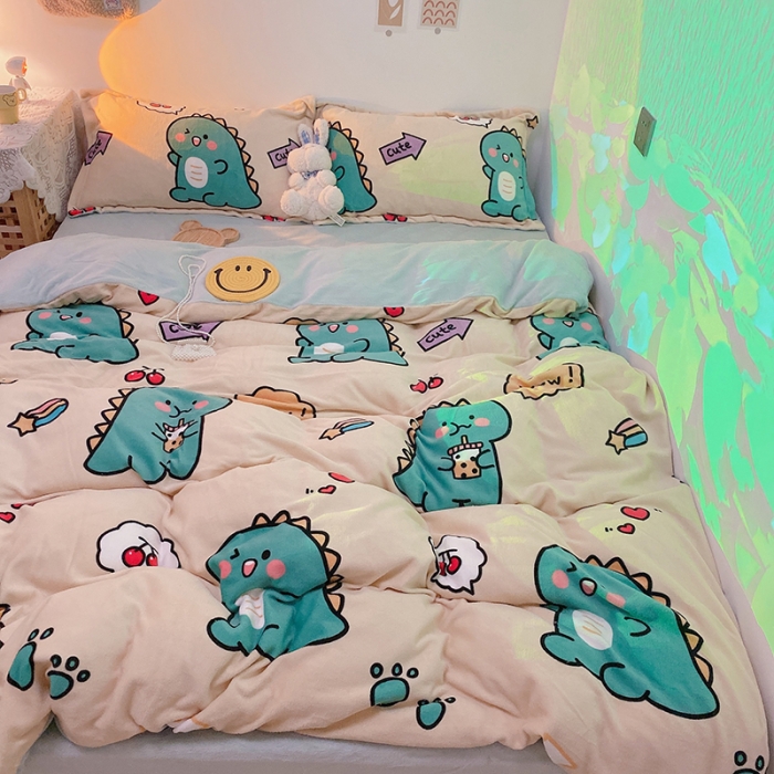 91家纺网 家纺一手货源 找家纺 沐棉家纺2021新款卡通牛奶绒四件套 小恐龙