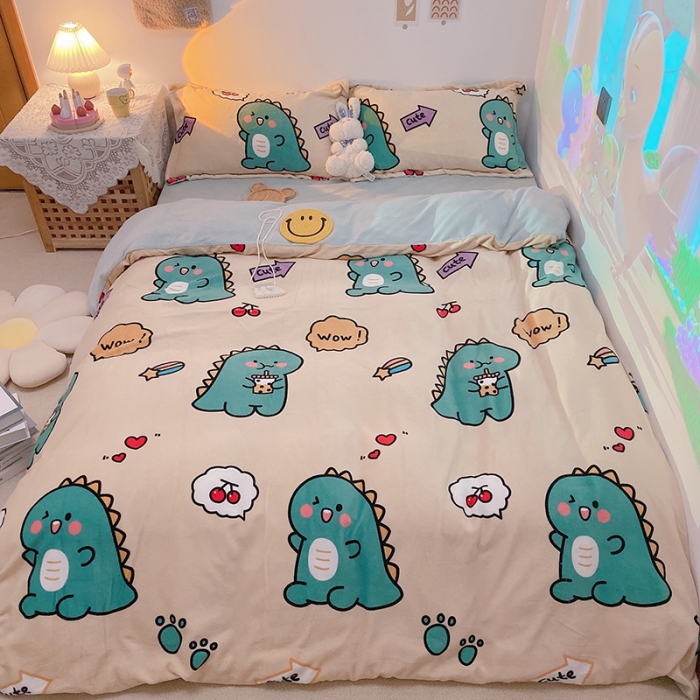 91家纺网 家纺一手货源 找家纺 沐棉家纺2021新款卡通牛奶绒四件套 小恐龙