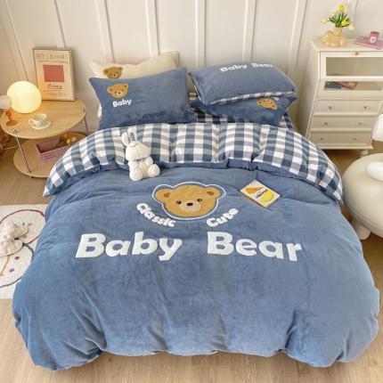 91家纺网 家纺一手货源 找家纺 鼎飞 2021新款牛奶绒四件套 皮皮熊-灰蓝