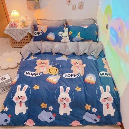 沐棉家纺2021新款卡通牛奶绒四件套 太空旅行