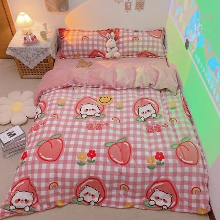 沐棉家纺2021新款卡通牛奶绒四件套 蜜桃熊