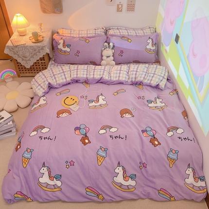 沐棉家纺2021新款卡通牛奶绒四件套 快乐女孩