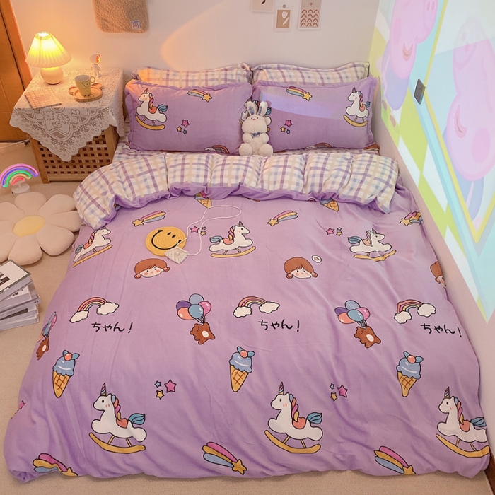 91家纺网 家纺一手货源 找家纺 沐棉家纺2021新款卡通牛奶绒四件套 快乐女孩